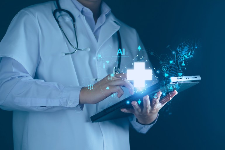 Medical Technology, Doctor USE AI Robots for Diagnosis, Care, and Increasing Accuration Patient Treatment in Future. Medical Research and Development Innovation Technology to Improve Patience Health.