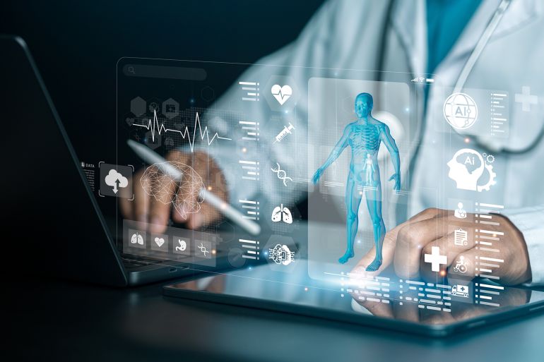 Medical Technology: Doctors Using Advanced AI Technology. Virtual Medical Tools and Technology Advancements. Artificial Intelligence. AI Deep Learning. Medical Research. Future Technology Precision