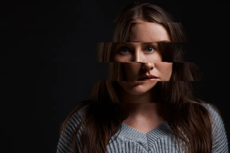 Fear, bipolar disorder and identity with portrait of woman in studio for mental health, psychology and trauma trigger. Depression, schizophrenia and ptsd with person on black background for mockup; Shutterstock ID 2568554839; purchase_order: aj; job: ; client: ; other: