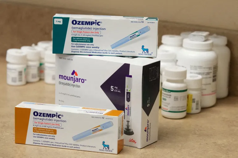 FILE PHOTO: Boxes of Ozempic and Mounjaro, semaglutide and tirzepatide injection drugs used for treating type 2 diabetes and made by Novo Nordisk and Lilly, is seen at a Rock Canyon Pharmacy in Provo, Utah, US March 29, 2023. REUTERS/George Frey/File Photo