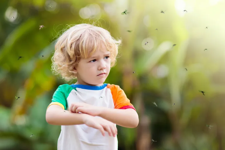 The first approval for a new treatment for malaria for children Mosquito on kids skin. Little boy attacked by mosquitoes in tropical forest. Insect repellent. Malaria and dengue fever prevention. Child scratching itchy bite in summer park. Getty