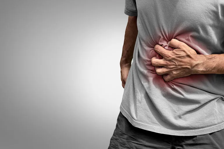 Stomachache Pain or painful stomach ache as an abdominal illness as Crohn's disease or IBS and Ulcers representing intestinal inflammation or bloating.