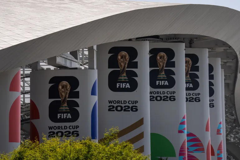 FIFA World Cup 2026 signage is displayed on columns at SoFi Stadium, Friday, June 5, 2026, in Inglewood, Calif. (AP Photo/Jae C. Hong)