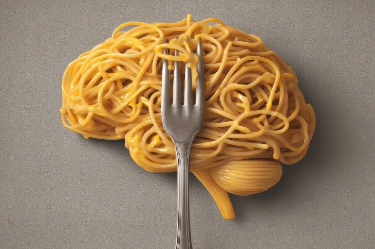 Spaghetti arranged in the shape of a human brain, with a fork inserted, showing creative culinary concept, with the brain food concept on a gray background. by whitestorm Adobe Stock