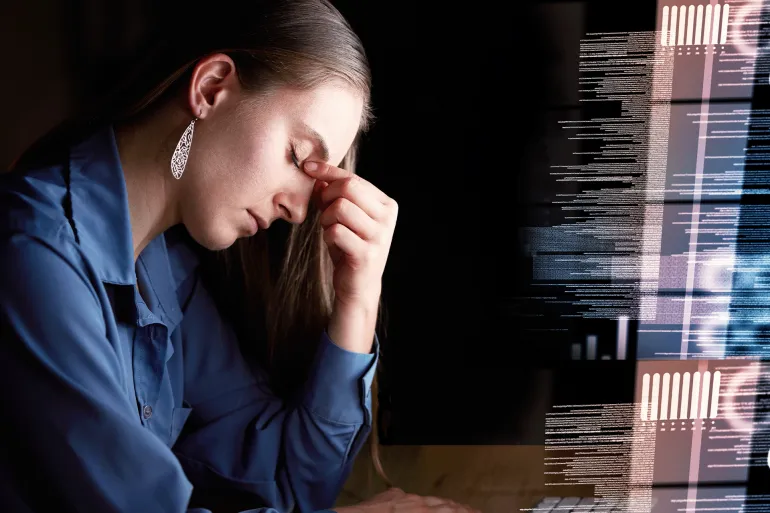 Woman, headache and tired, code and programmer, burnout and working night, stress migraine and mental health. Fatigue, overworked and stock market crash, overlay and stocks dashboard with brain fog