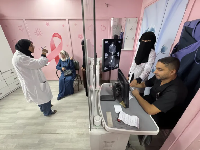 Breast Cancer - Gaza KHAN YUNIS, GAZA, PALESTINE - OCTOBER 06: Palestinian health workers provide breast cancer screening and diagnostic services at Nasser Medical Complex in Khan Yunis, southern Gaza Strip, Palestine on October 06, 2026. As Israel's attacks on the Gaza Strip mark their third year on October 07, numerous health facilities have been targeted, leaving the health system largely nonfunctional and severely disrupting the diagnosis and treatment of breast cancer patients. During October, observed as Breast Cancer Awareness Month, 78% of radiology and medical imaging equipment in Gaza is out of service, while only five of the 14 mammography machines available before the war remain operational. At Nasser Medical Complex, only one mammography machine is currently functioning. Shortages of medicines and difficulties in maintaining and repairing medical equipment are further limiting opportunities for the early diagnosis and treatment of breast cancer. (Photo by Abdallah Fs Alattar/Anadolu via Getty Images)